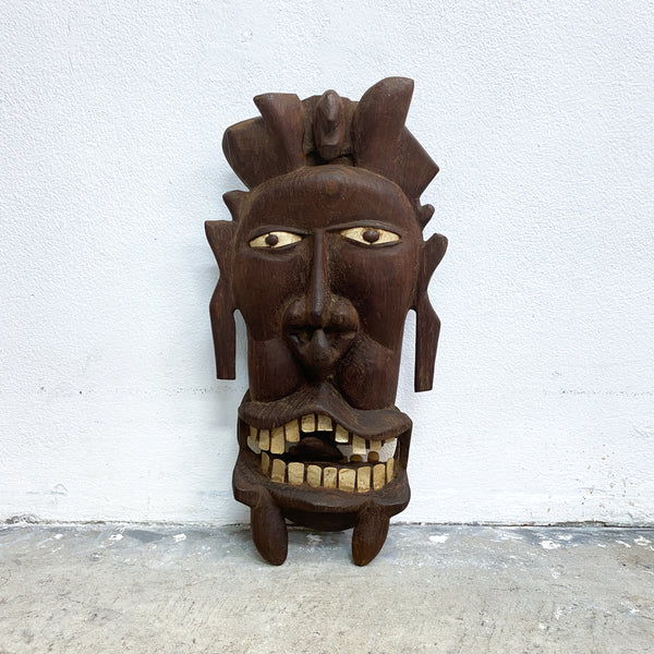 Double Sided Vintage Pacific Island Tribal Wooden Head Carving With Mother Of Pearl