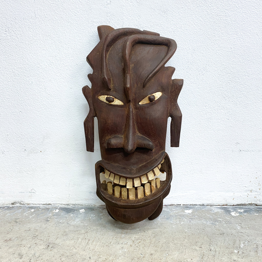 Double Sided Vintage Pacific Island Tribal Wooden Head Carving With Mother Of Pearl