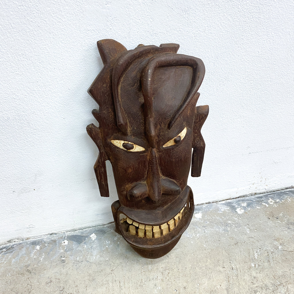 Double Sided Vintage Pacific Island Tribal Wooden Head Carving With Mother Of Pearl