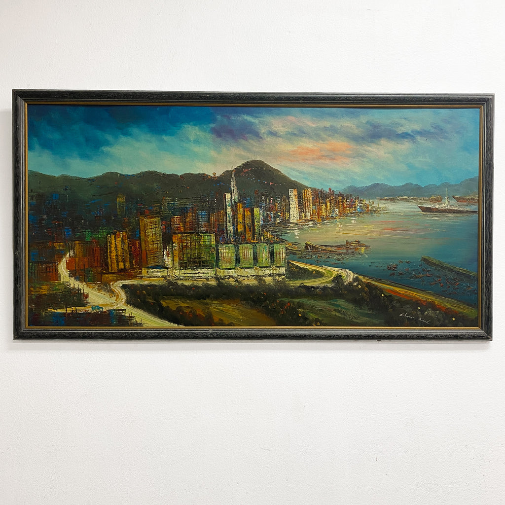 Mid Century Harbour Scene Oil Painting On Canvas