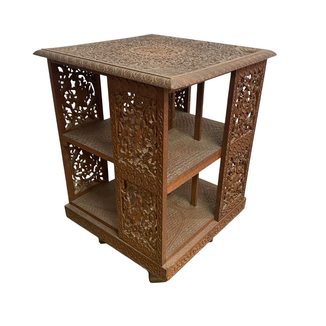 Early 20th Century Anglo Burmese Profusely Carved Teak Revolving Bookcase