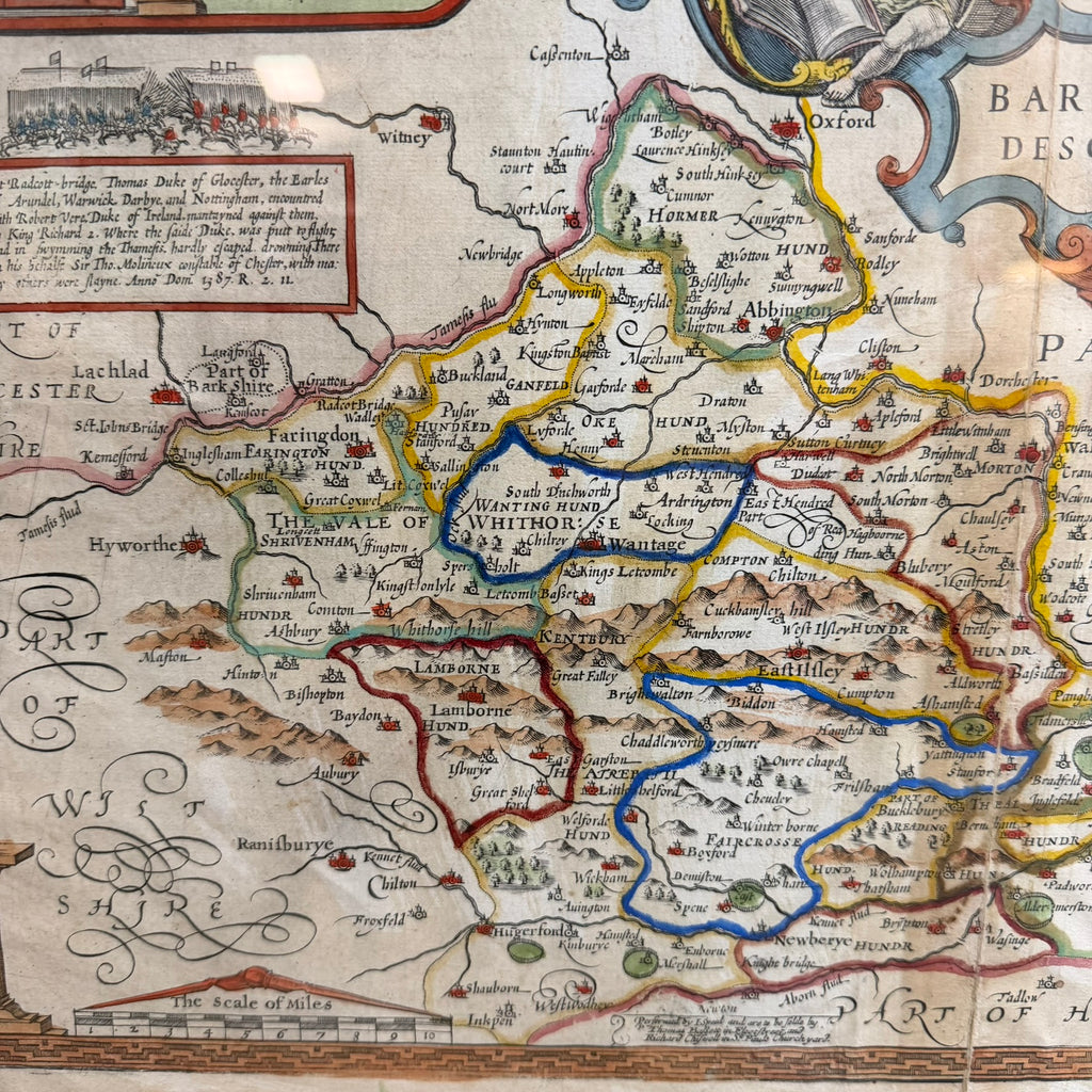 Early Engraved Printed And Hand Coloured Berkshire Described Map 17-18th Century