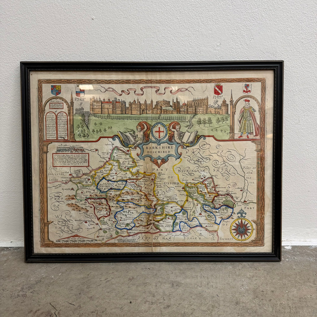 Early Engraved Printed And Hand Coloured Berkshire Described Map 17-18th Century