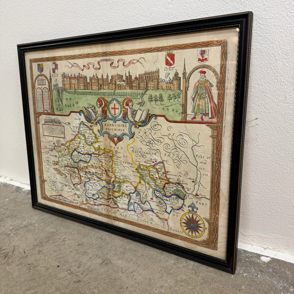 Early Engraved Printed And Hand Coloured Berkshire Described Map 17-18th Century