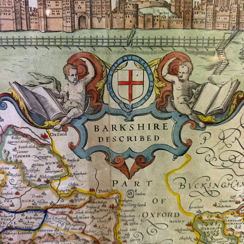 Early Engraved Printed And Hand Coloured Berkshire Described Map 17-18th Century