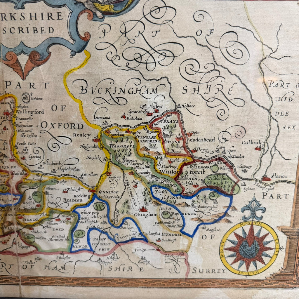 Early Engraved Printed And Hand Coloured Berkshire Described Map 17-18th Century