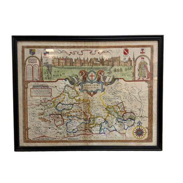Early Engraved Printed And Hand Coloured Berkshire Described Map 17-18th Century