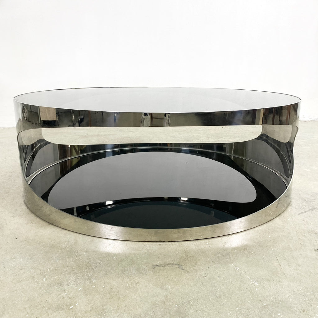 Modernist Coffee Table With Stainless Steel Base And Smokey Glass Top