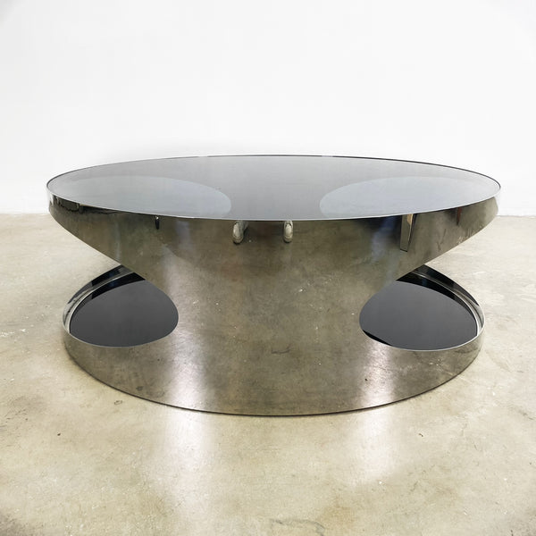 Modernist Coffee Table With Stainless Steel Base And Smokey Glass Top