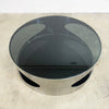 Modernist Coffee Table With Stainless Steel Base And Smokey Glass Top