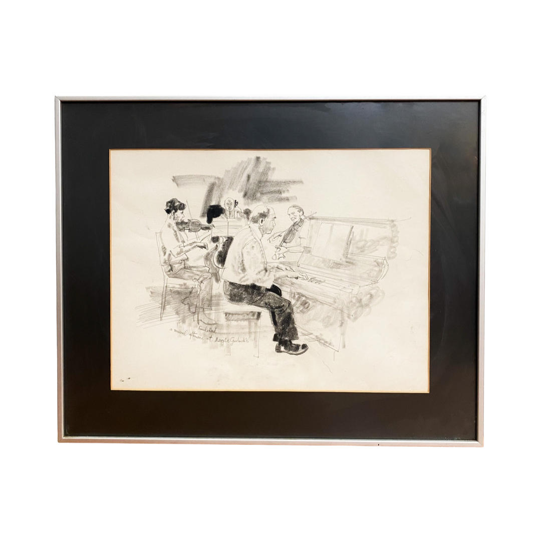 Framed Vintage Pencil Sketch Drawing Of A Musical Afternoon