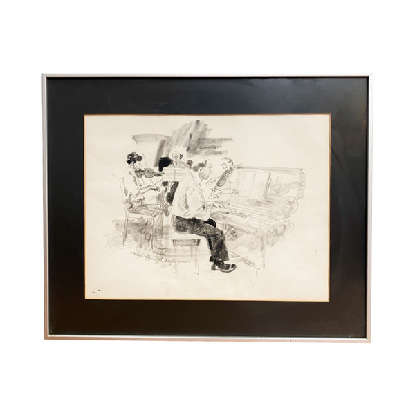 Framed Vintage Pencil Sketch Drawing Of A Musical Afternoon