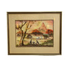 Framed artwork depicting a landscape with people and trees on a white background