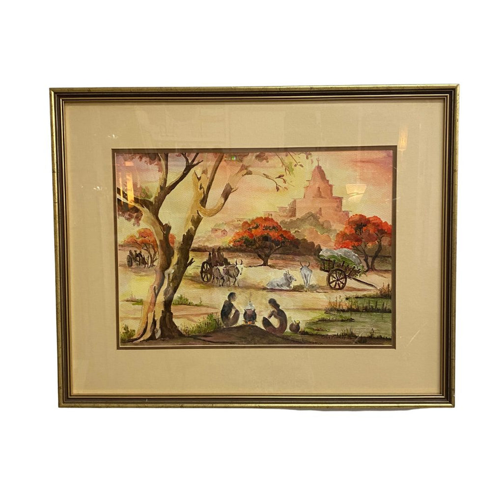 Framed artwork depicting a landscape with people and trees on a white background
