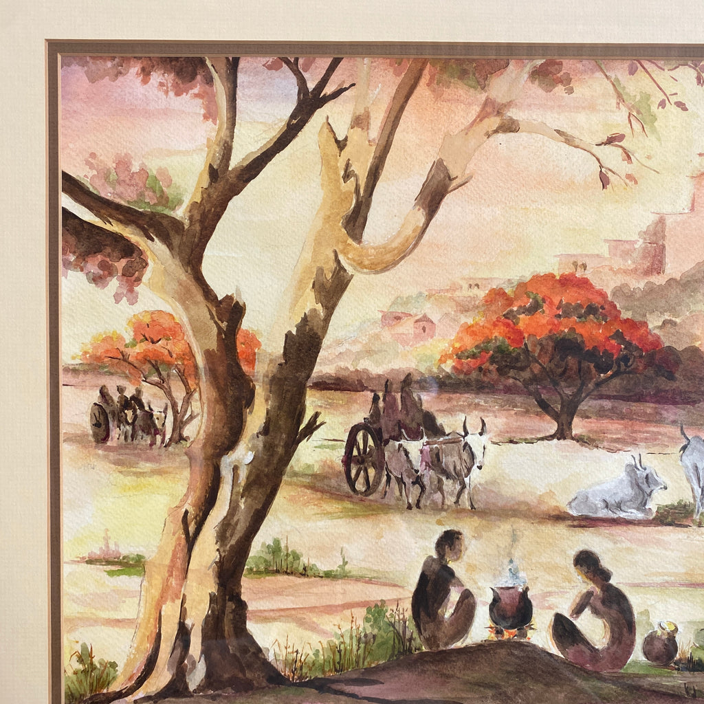 Artistic depiction of a rural scene with people, animals, and a tree.