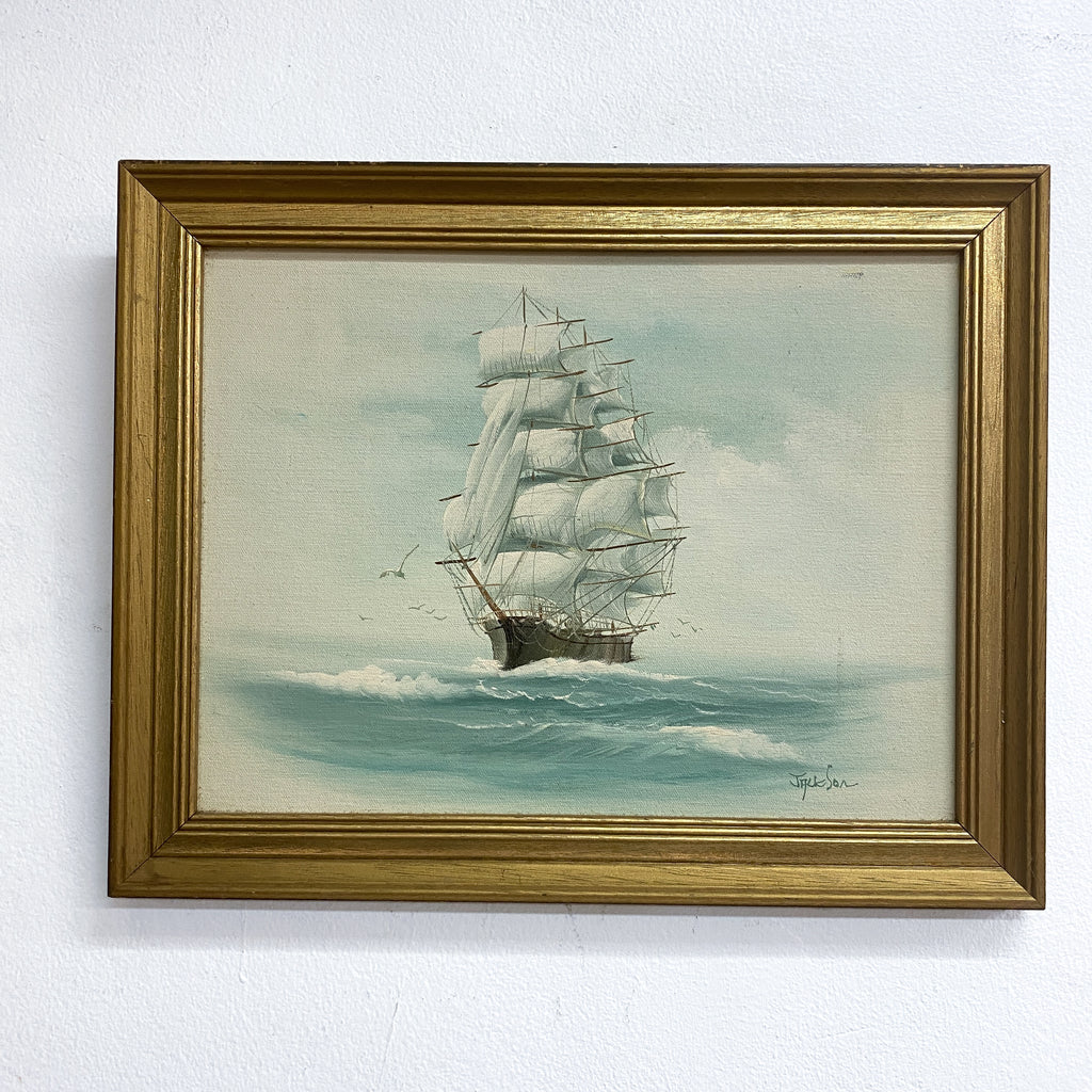 Framed Mid Century Tall Ship Painting Signed