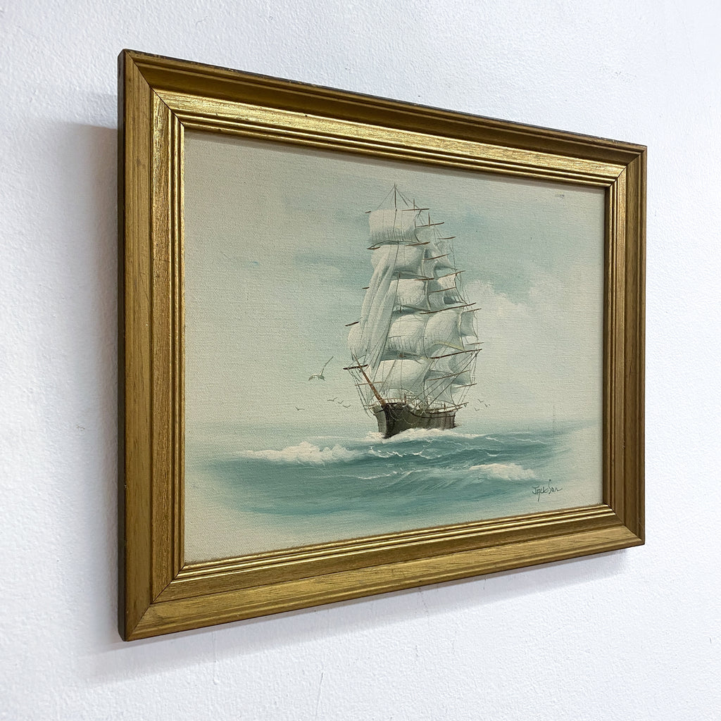 Framed Mid Century Tall Ship Painting Signed