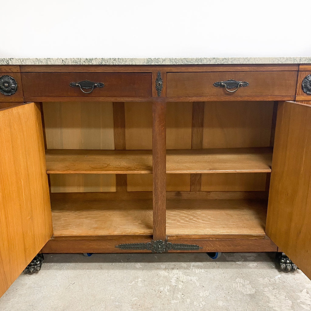Art Deco French Oak & Walnut Sideboard With Green Marble Top