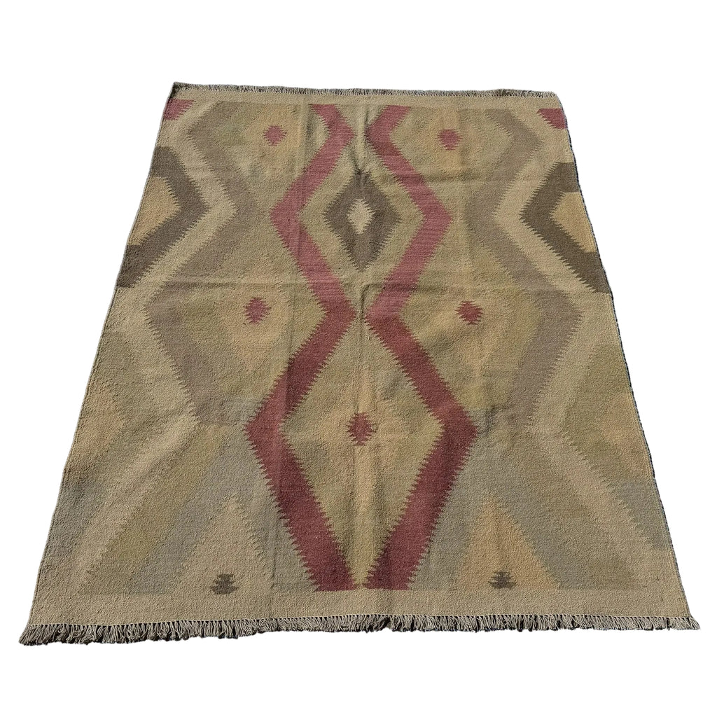 Hand Woven Afghan Wool Beige And Red Kilim Rug #054