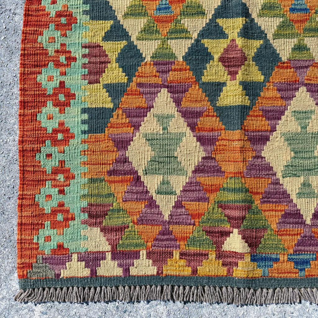 Hand Woven Afghan Wool Green Tones Kilim Rug #018