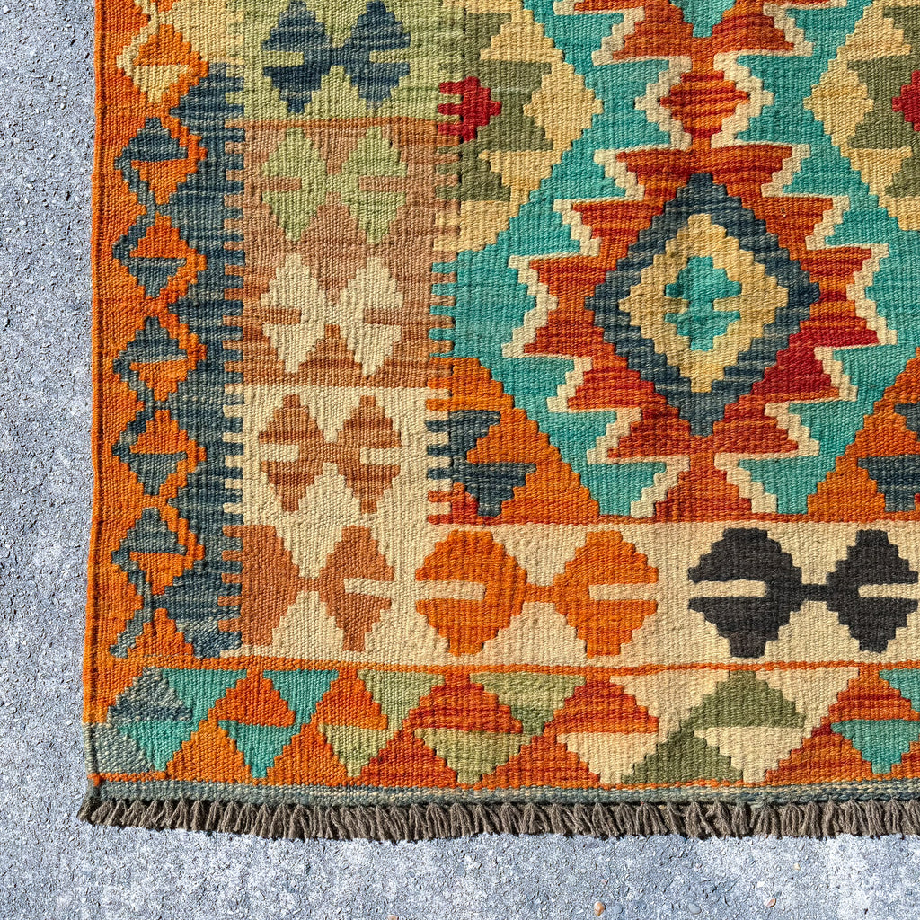 Hand Woven Afghan Wool Orange And Blue Kilim Rug #010
