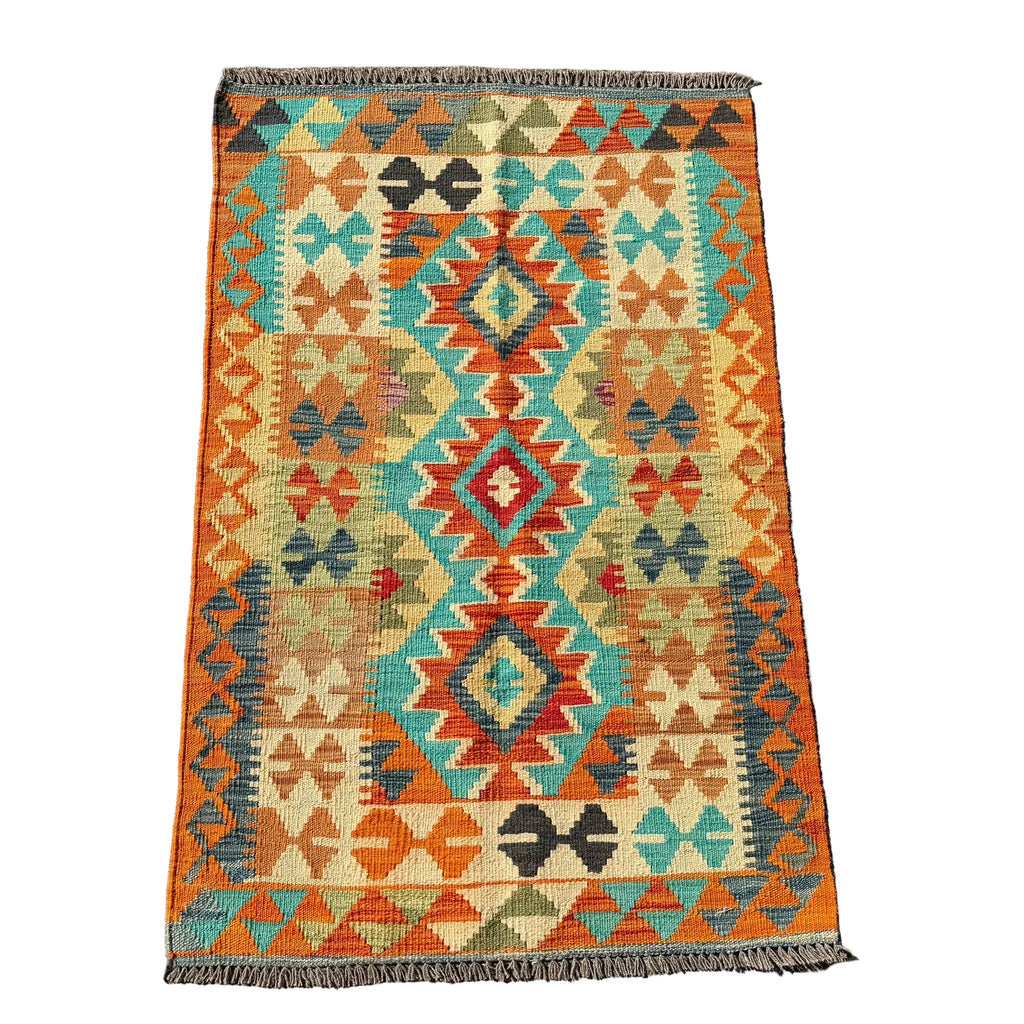 Hand Woven Afghan Wool Orange And Blue Kilim Rug #010