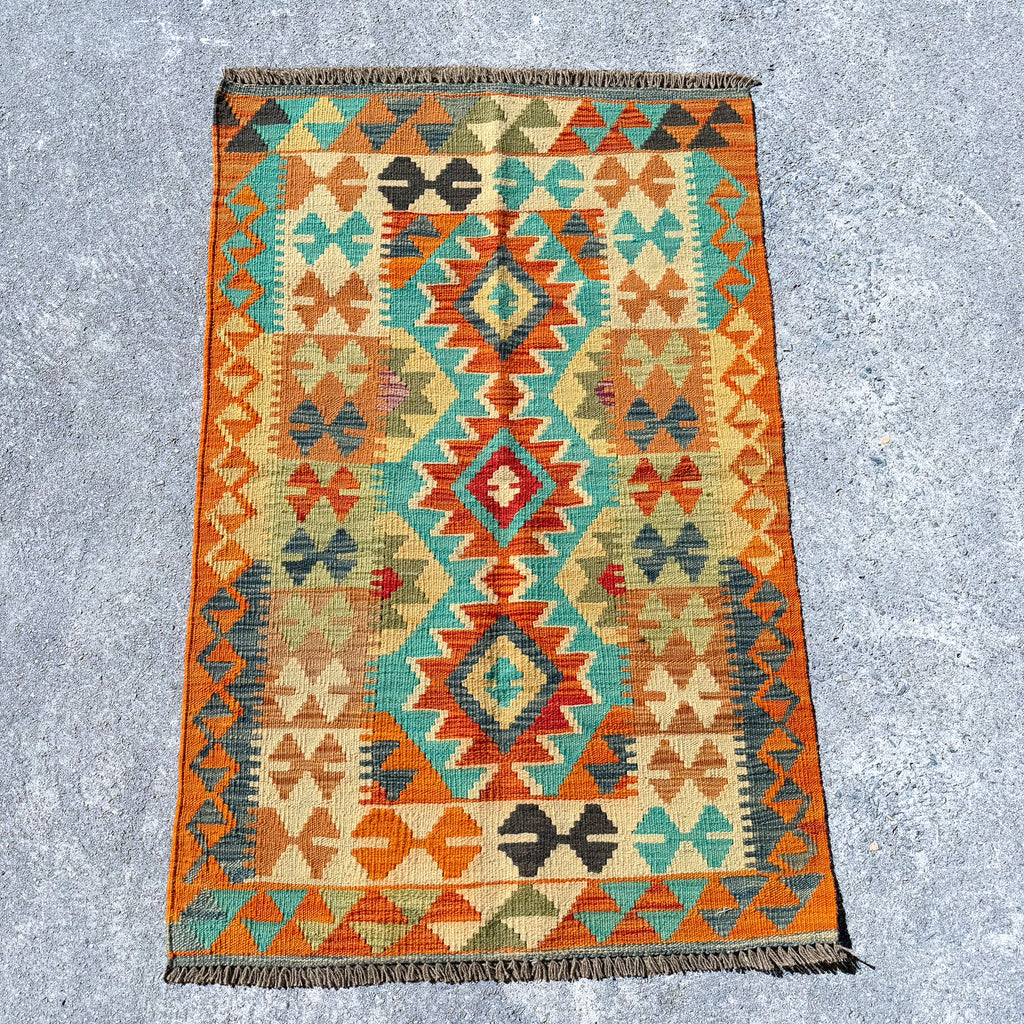 Hand Woven Afghan Wool Orange And Blue Kilim Rug #010