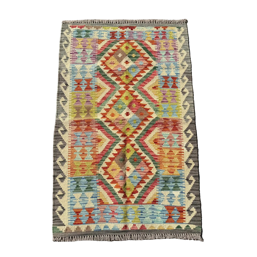 Hand Woven Afghan Wool Orange And Blue Kilim Rug #011