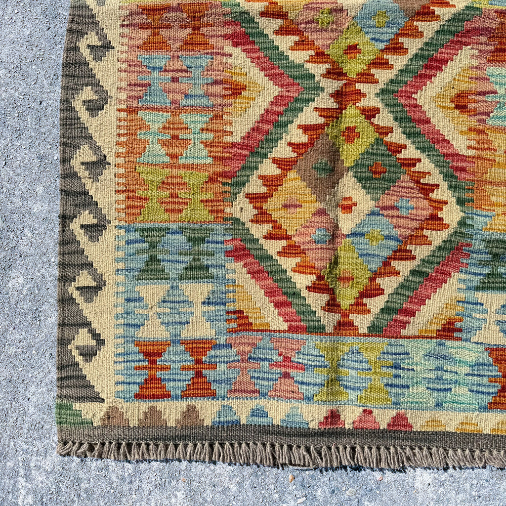 Hand Woven Afghan Wool Orange And Blue Kilim Rug #011