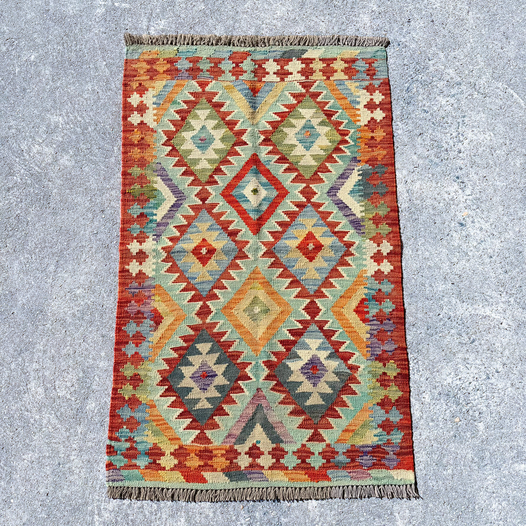 Hand Woven Afghan Wool Orange And Blues Kilim Rug #012