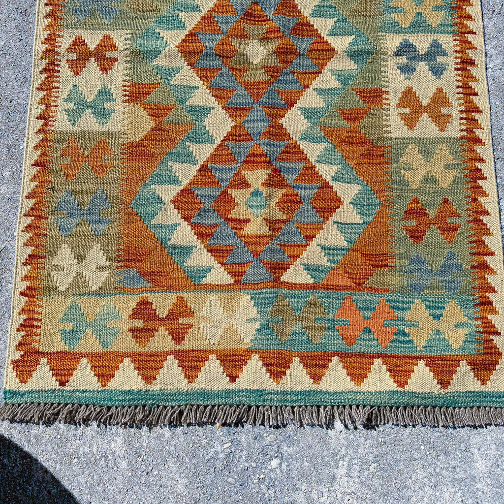 Hand Woven Afghan Wool Orange And Cream Kilim Rug #013