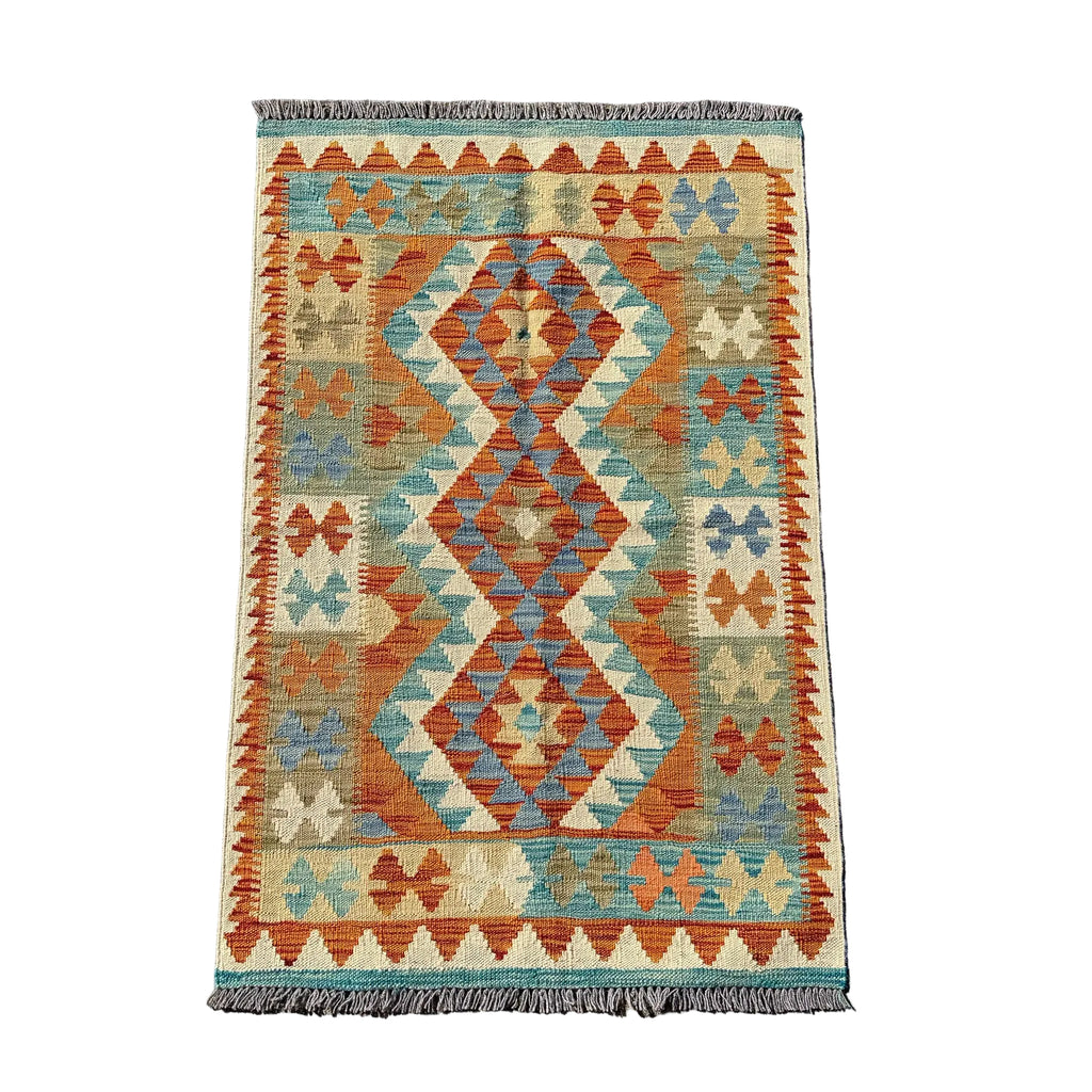 Hand Woven Afghan Wool Orange And Cream Kilim Rug #013