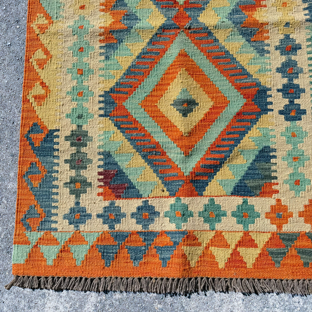 Hand Woven Afghan Wool Orange, Cream And Blue Kilim Rug #015