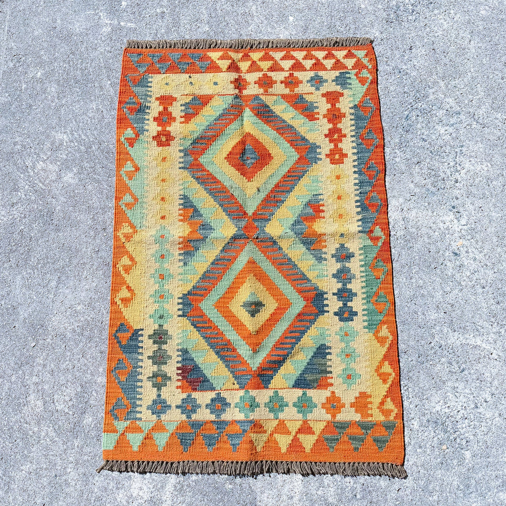 Hand Woven Afghan Wool Orange, Cream And Blue Kilim Rug #015