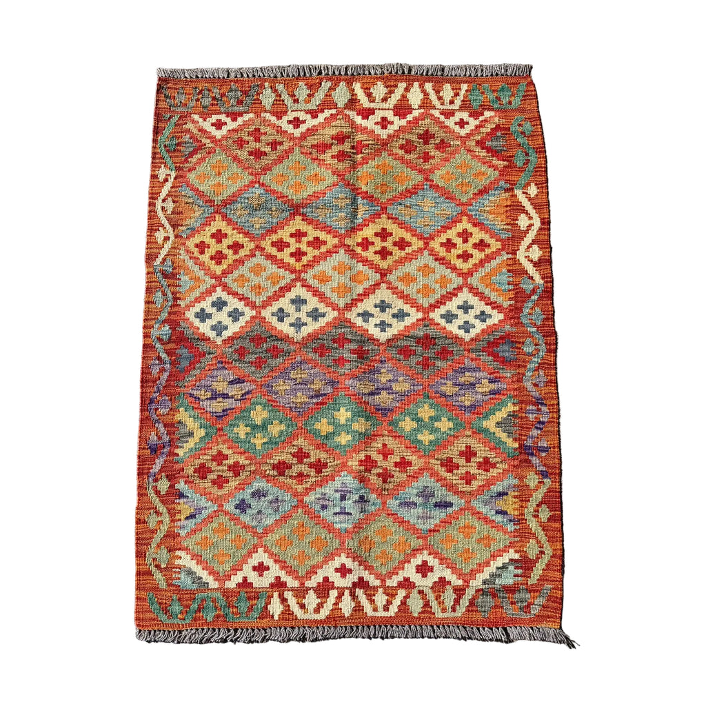 Hand Woven Afghan Wool Red And Orange Kilim Rug #020