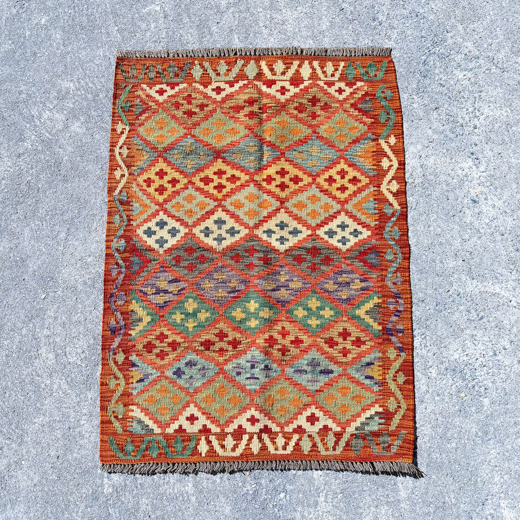Hand Woven Afghan Wool Red And Orange Kilim Rug #020