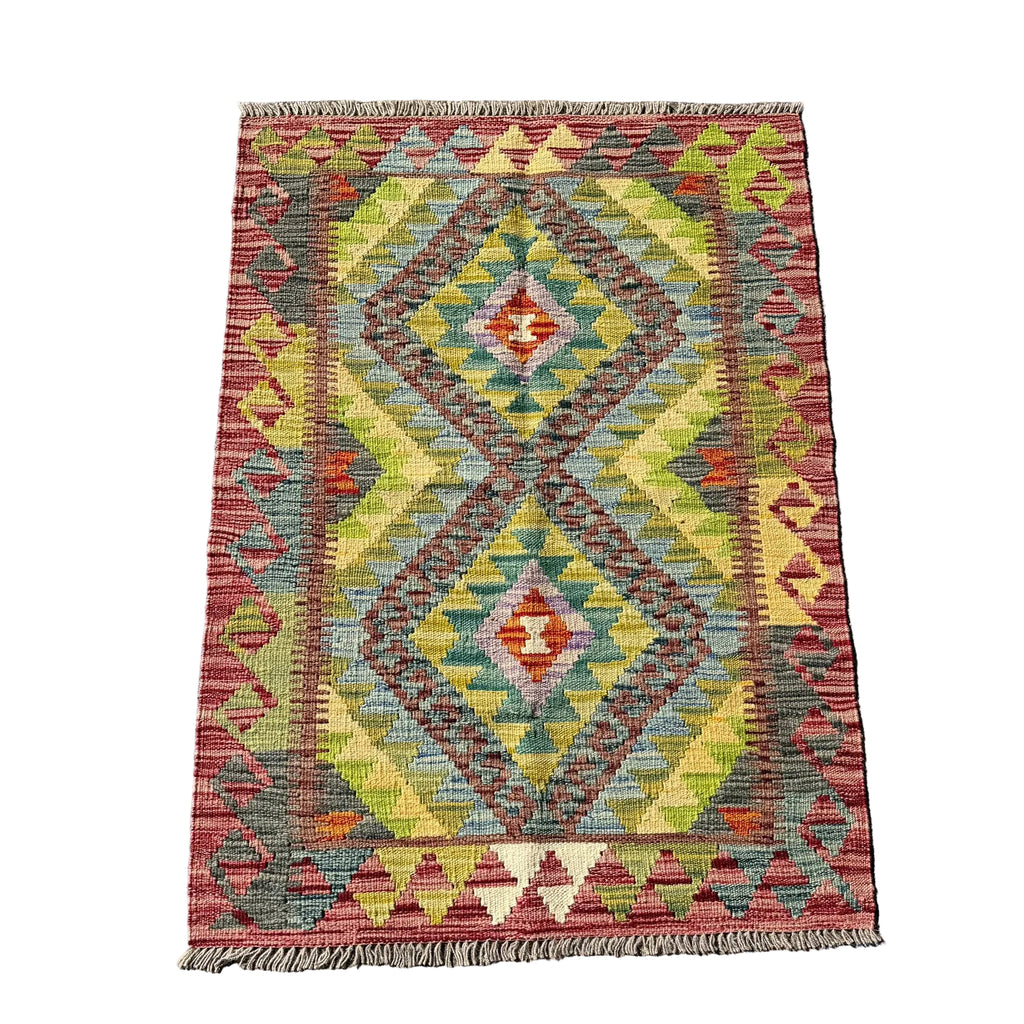 Hand Woven Afghan Wool Red And Yellow Kilim Rug #014