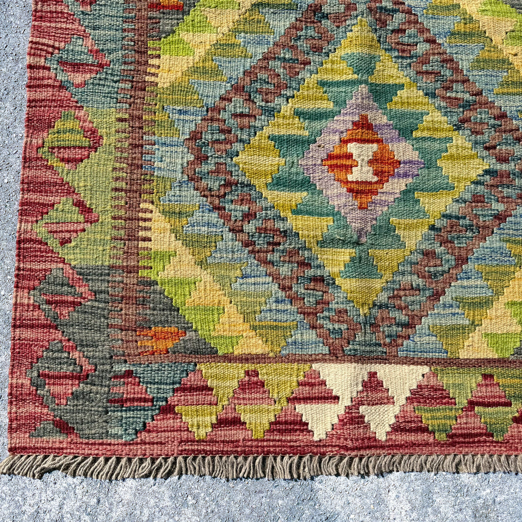 Hand Woven Afghan Wool Red And Yellow Kilim Rug #014