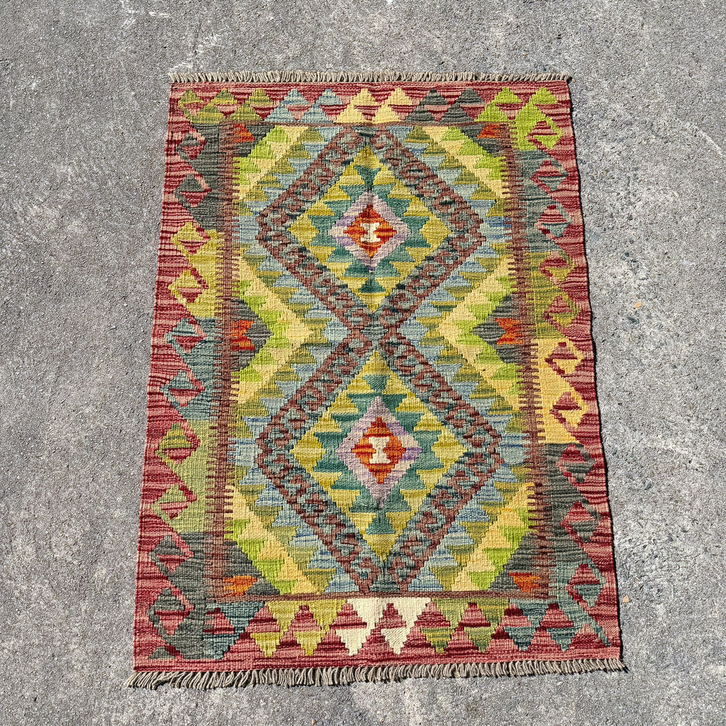 Hand Woven Afghan Wool Yellow Blue And Red Kilim Rug 