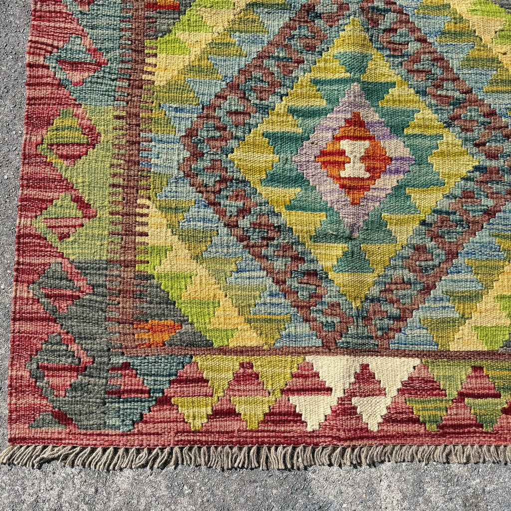 Hand Woven Afghan Wool Yellow Blue And Red Kilim Rug 