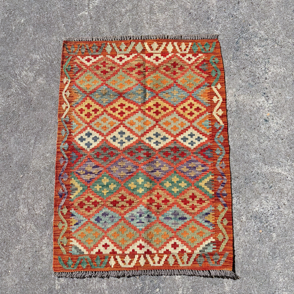 Hand Woven Red & Orange Afghan Wool Kilim Rug #020