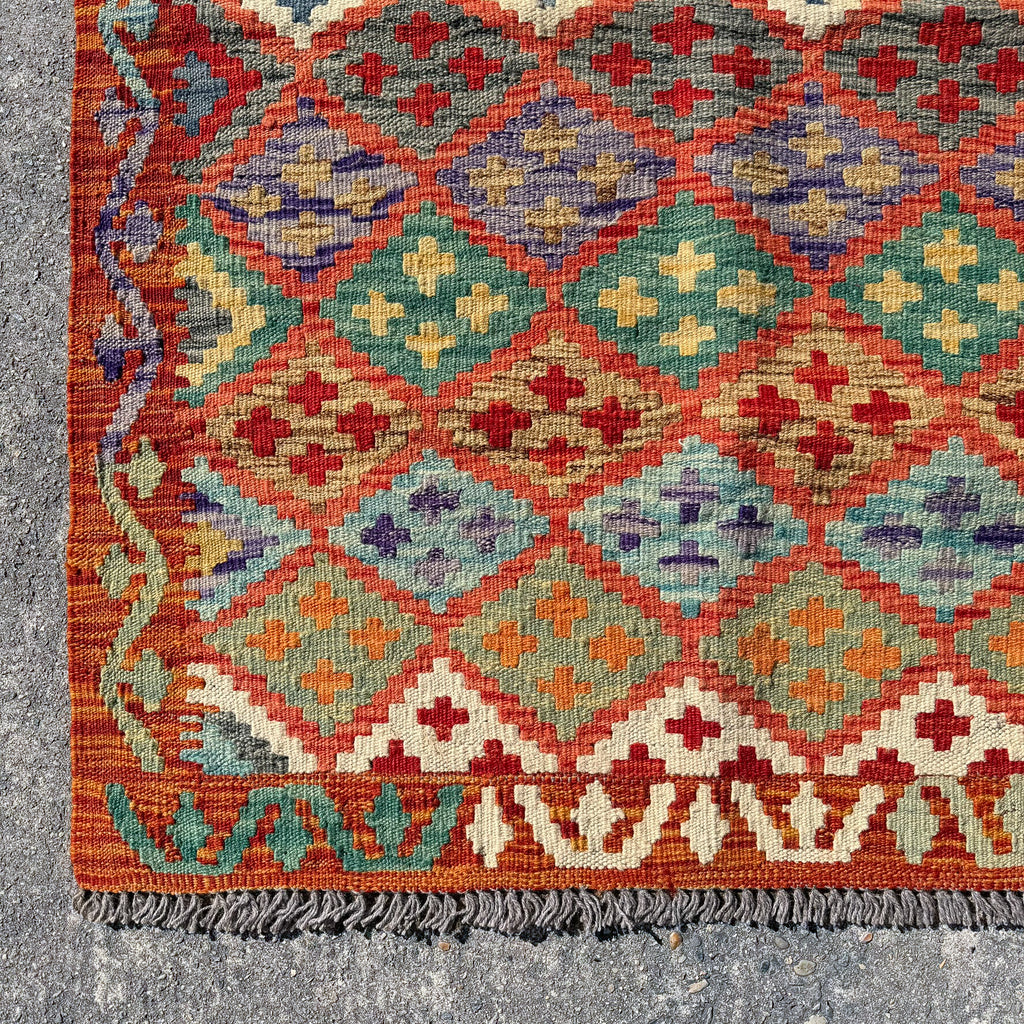 Hand Woven Red & Orange Afghan Wool Kilim Rug #020