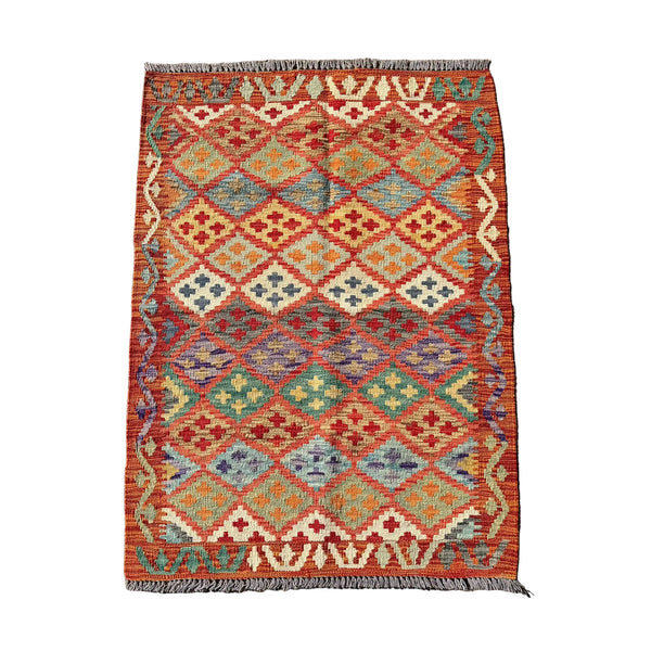 Hand Woven Red & Orange Afghan Wool Kilim Rug #020