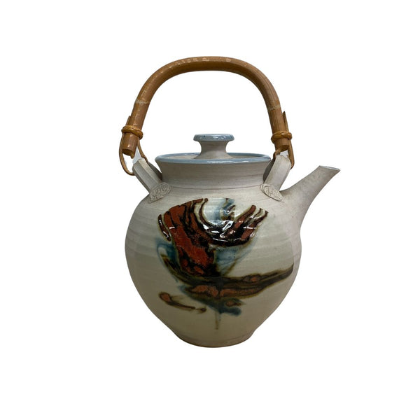 Handcrafted Ceramic Oriental Teapot with Bamboo Wrapped Handle