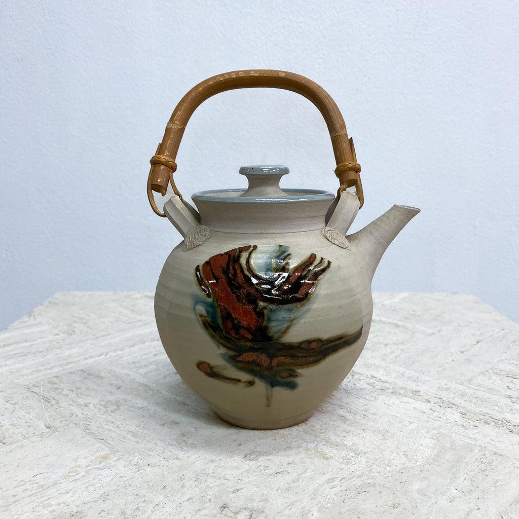 Handcrafted Ceramic Oriental Teapot with Bamboo Wrapped Handle