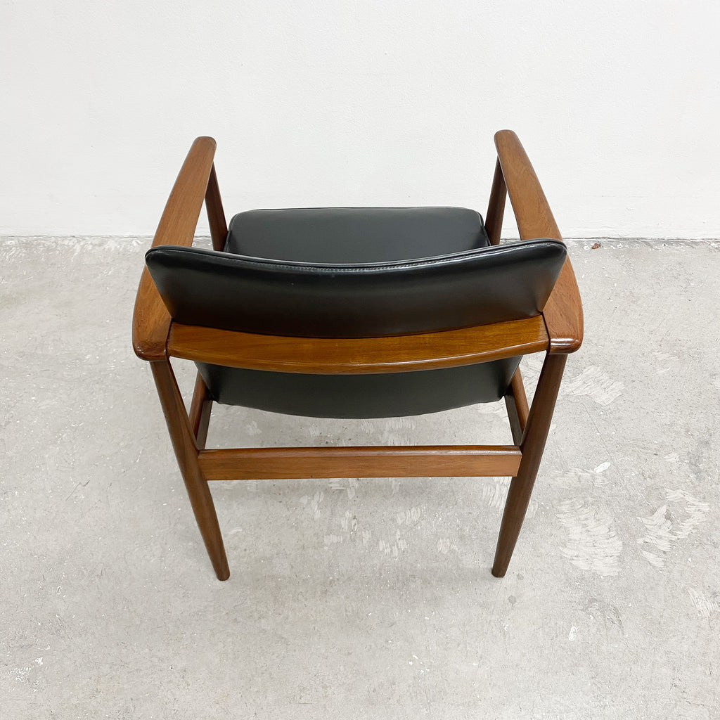 Mid Century Teak Frame Black Vinyl Carver Chair
