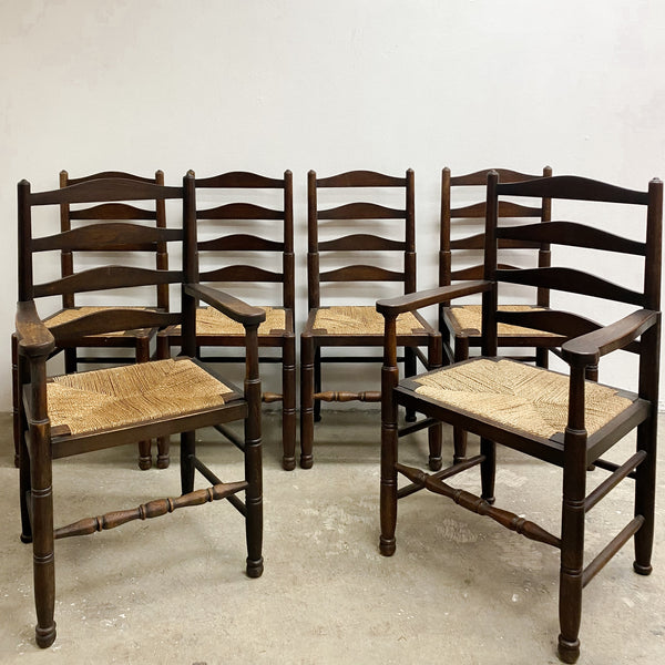 Set Of 6 Classic English Oak Ladderback Rush Dining Chairs