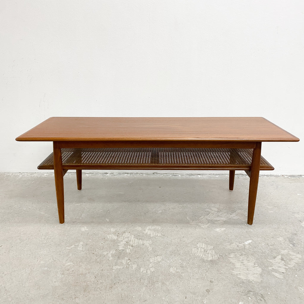 Mid Century Parker Teak Coffee Table With Rattan Magazine Shelf - Restored