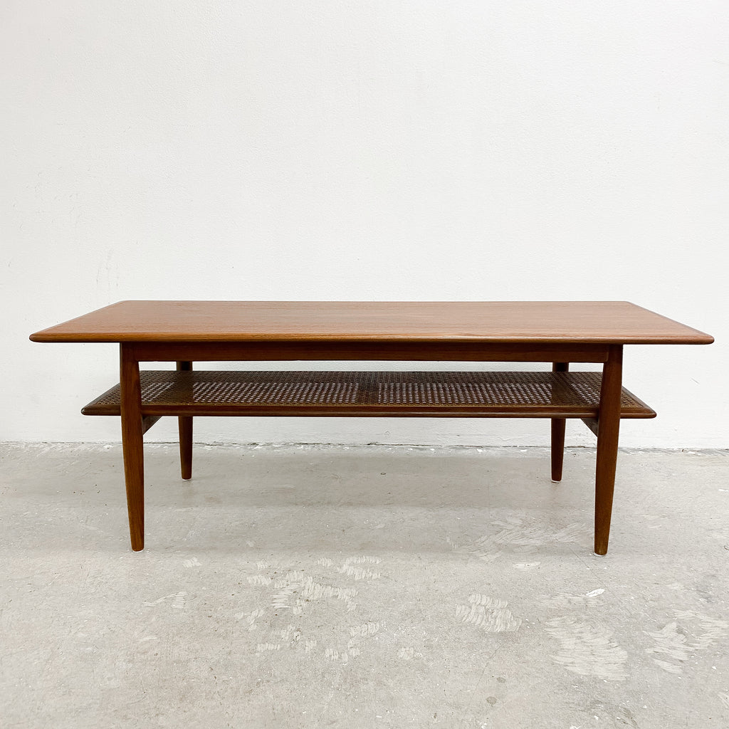 Mid Century Parker Teak Coffee Table With Rattan Magazine Shelf - Restored