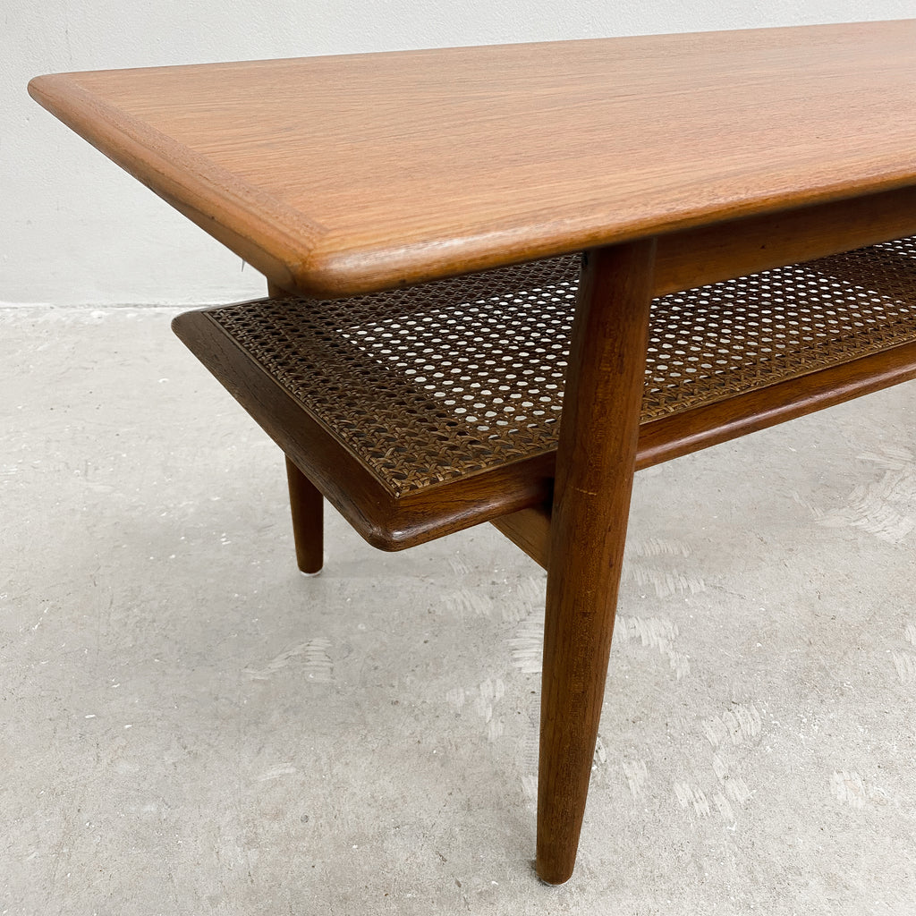 Mid Century Parker Teak Coffee Table With Rattan Magazine Shelf - Restored